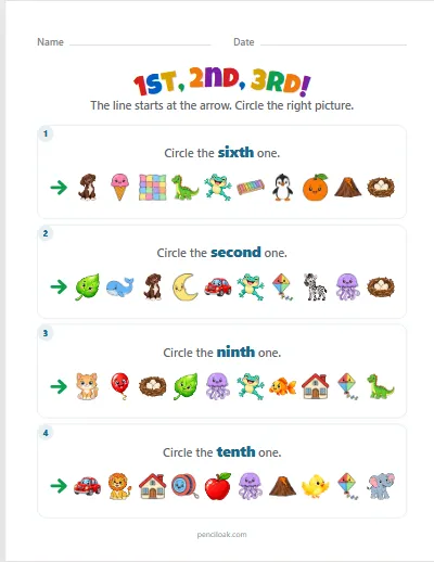 Ordinal numbers · Up to tenth · Words · 4 questions worksheet
