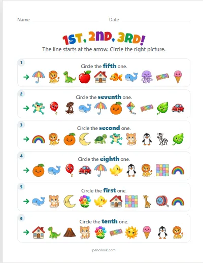 Ordinal numbers · Up to tenth · Words · 6 questions · set 2 worksheet