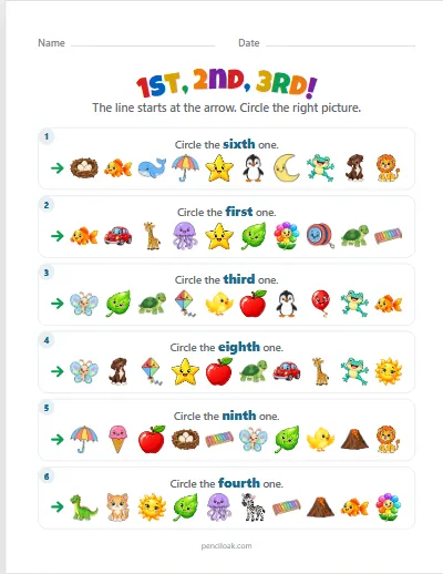 Ordinal numbers · Up to tenth · Words · 6 questions worksheet