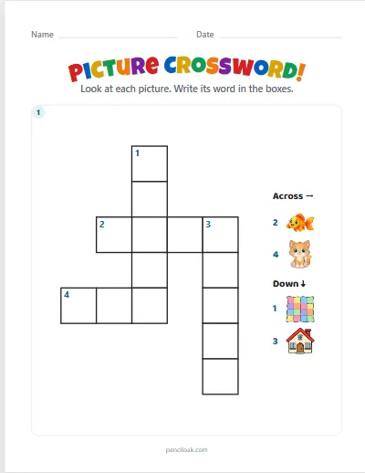 Picture crossword · 4 words · 1 puzzle · set 5 worksheet