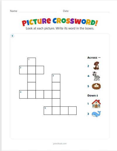 Picture crossword · 5 words · 1 puzzle · set 2 worksheet