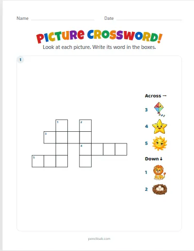Picture crossword · 5 words · 1 puzzle · set 4 worksheet