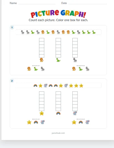 Picture graph · 3 kinds · Up to 6 · 2 graphs · set 2 worksheet