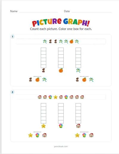 Picture graph · 3 kinds · Up to 6 · 2 graphs worksheet