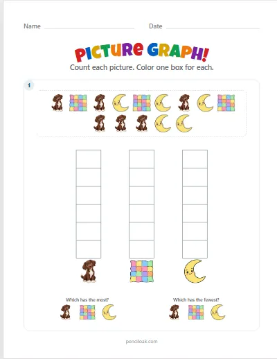 Picture graph · 3 kinds · Up to 6 · 1 graph · set 2 worksheet