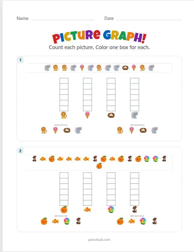 Picture graph · 4 kinds · Up to 6 · 2 graphs worksheet