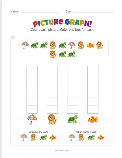 Picture graph · 4 kinds · Up to 6 · 1 graph · set 2 worksheet