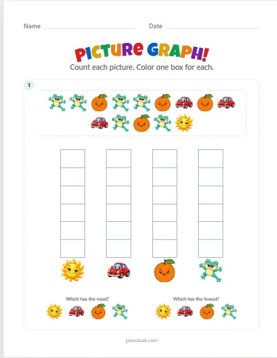 Picture graph · 4 kinds · Up to 6 · 1 graph worksheet