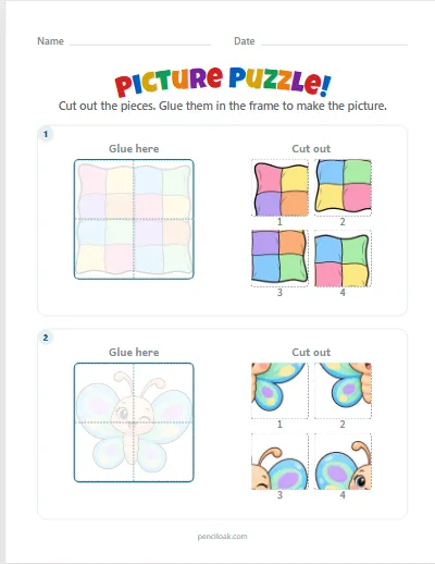 Picture puzzle · 4 pieces · Faint picture · set 3 worksheet