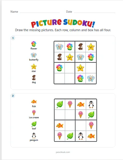 Picture sudoku worksheet: a four by four grid of pictures with empty squares