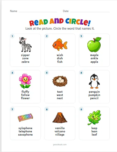 Read and circle · All words · 9 questions worksheet