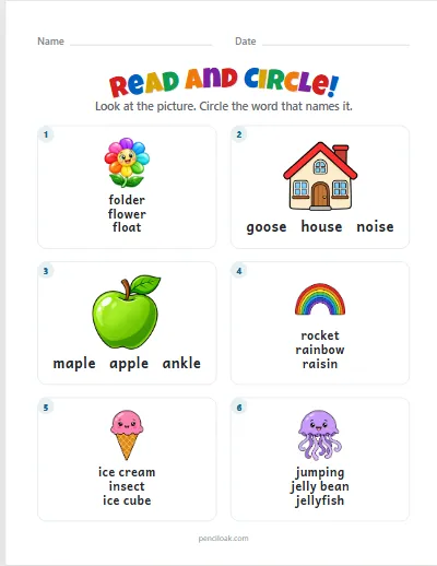 Read and circle · Long words · 6 questions · set 2 worksheet