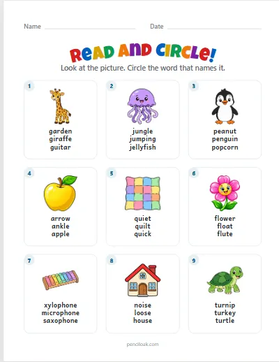 Read and circle · Long words · 9 questions worksheet