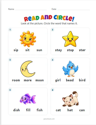 Read and circle · Short words · 6 questions · set 2 worksheet