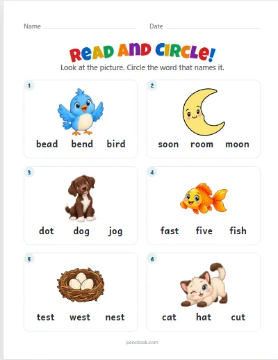 Read and circle · Short words · 6 questions worksheet