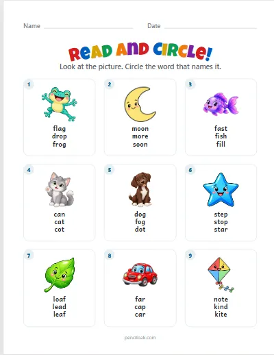 Read and circle · Short words · 9 questions · set 2 worksheet