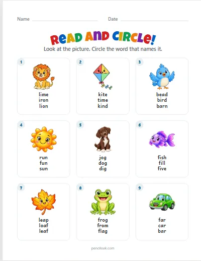 Read and circle · Short words · 9 questions worksheet
