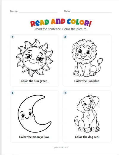 Read and color · 4 colors · 4 sentences · set 2 worksheet