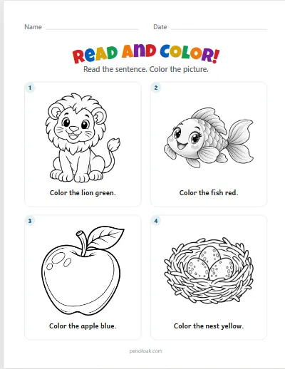 Read and color · 4 colors · 4 sentences · set 3 worksheet