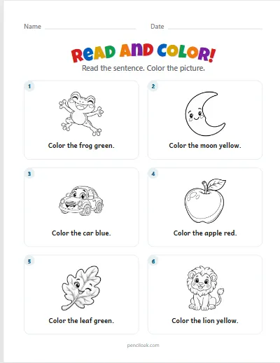Read and color · 4 colors · 6 sentences · set 2 worksheet
