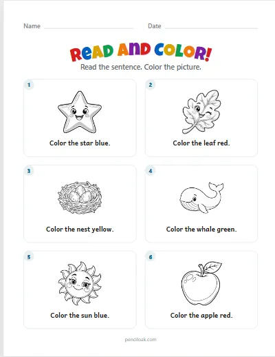 Read and color · 4 colors · 6 sentences · set 3 worksheet