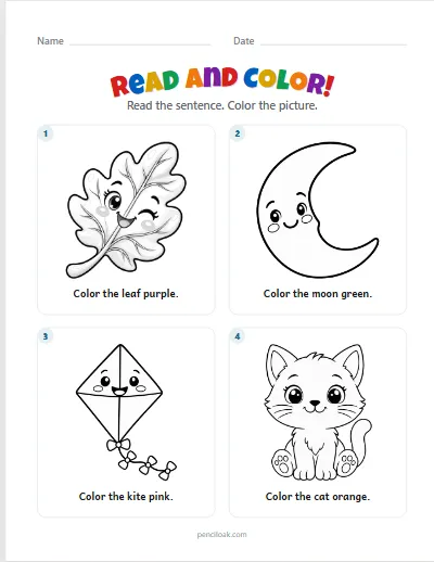 Read and color · 8 colors · 4 sentences · set 2 worksheet