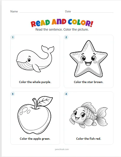 Read and color · 8 colors · 4 sentences worksheet