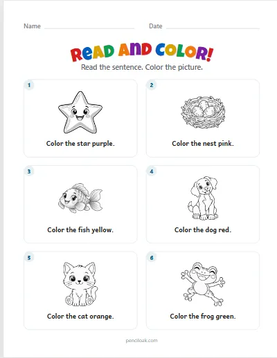 Read and color · 8 colors · 6 sentences · set 2 worksheet