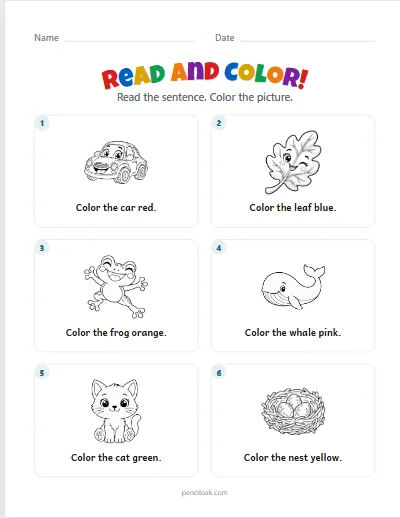 Read and color · 8 colors · 6 sentences · set 3 worksheet