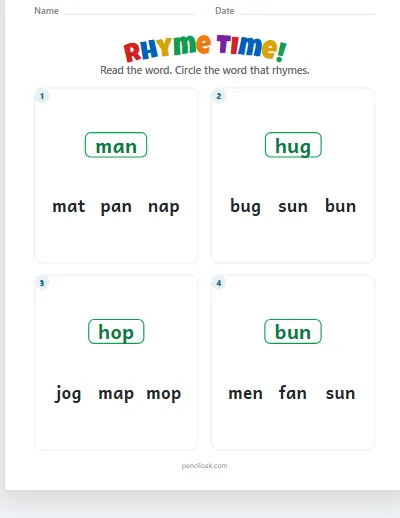 Rhyming words · All families · 4 questions · set 2 worksheet
