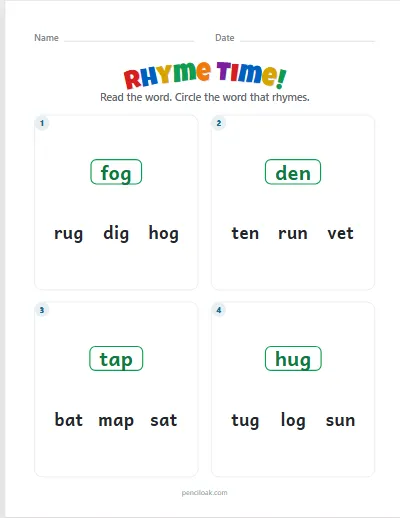 Rhyming words · All families · 4 questions worksheet