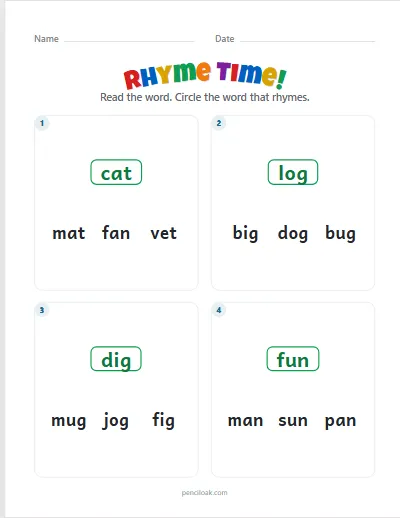 Rhyming words · Mixed vowels · 4 questions · set 2 worksheet