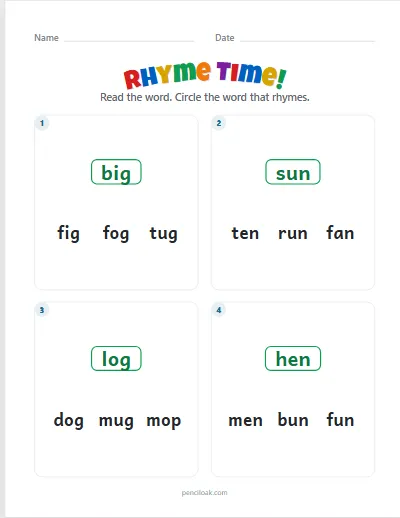Rhyming words · Mixed vowels · 4 questions worksheet