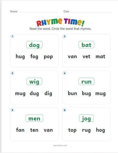 Rhyming words · Mixed vowels · 6 questions · set 2 worksheet