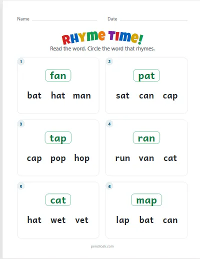 Rhyming words · Short a · 6 questions · set 2 worksheet