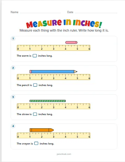 Measure with a ruler · Anywhere · 4 things · set 3 worksheet
