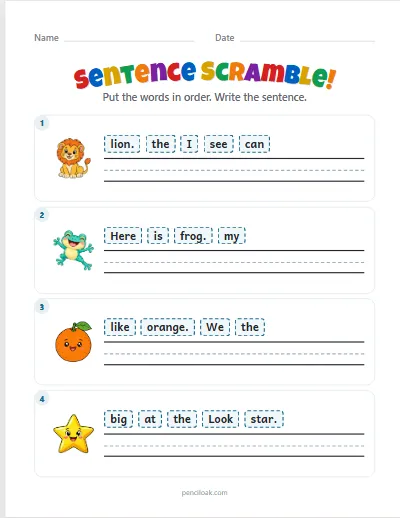 Sentence scramble · Long · 4 sentences worksheet