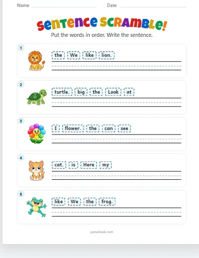 Sentence scramble · Long · 5 sentences · set 2 worksheet