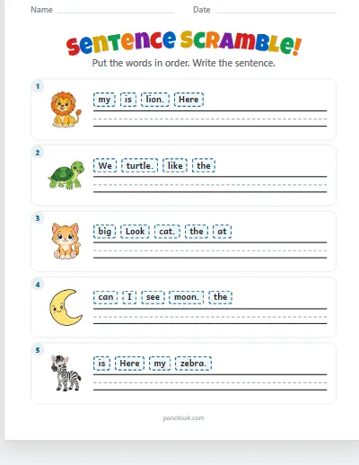 Sentence scramble · Long · 5 sentences · set 3 worksheet