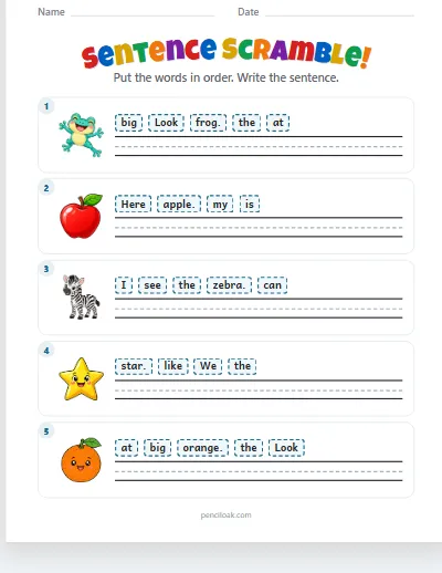 Sentence scramble · Long · 5 sentences · set 4 worksheet