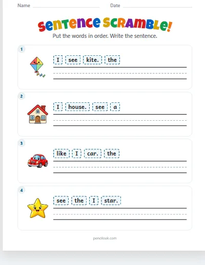 Sentence scramble · Short · 4 sentences · set 2 worksheet