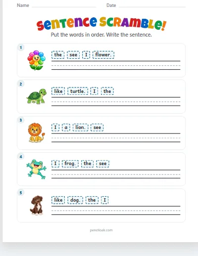 Sentence scramble · Short · 5 sentences · set 2 worksheet