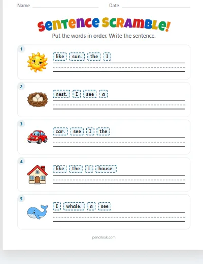 Sentence scramble · Short · 5 sentences · set 3 worksheet