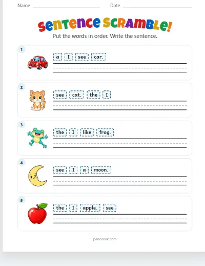 Sentence scramble · Short · 5 sentences · set 4 worksheet