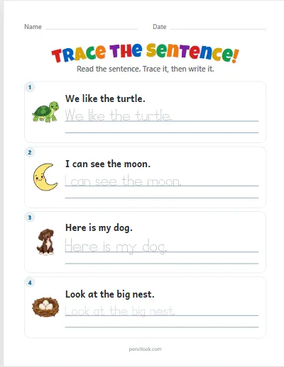 Sentence tracing · Long · 4 rows worksheet