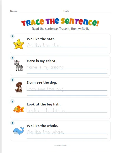 Sentence tracing · Long · 5 rows · set 2 worksheet