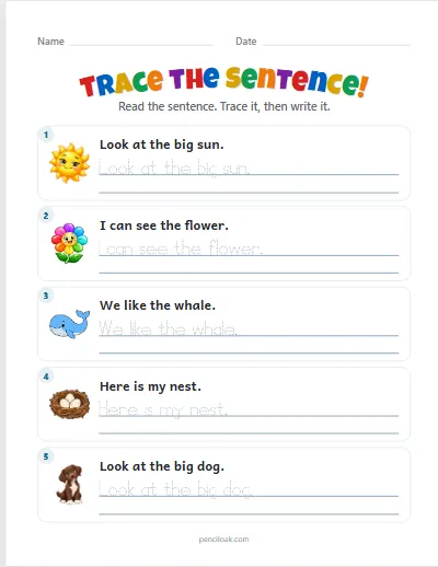 Sentence tracing · Long · 5 rows · set 3 worksheet