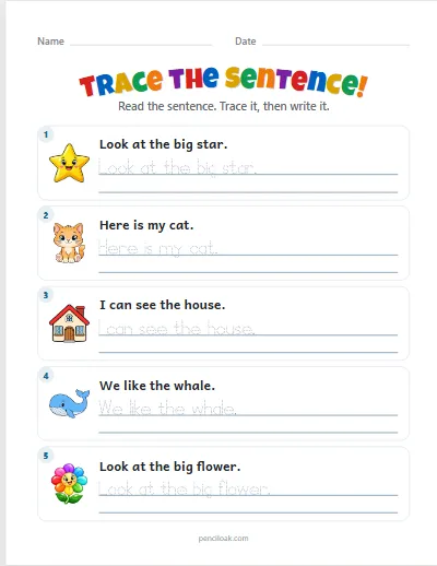 Sentence tracing · Long · 5 rows worksheet