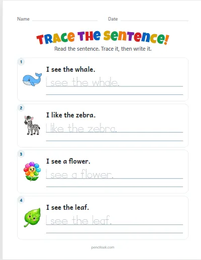 Sentence tracing · Short · 4 rows · set 2 worksheet