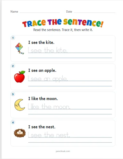 Sentence tracing · Short · 4 rows worksheet
